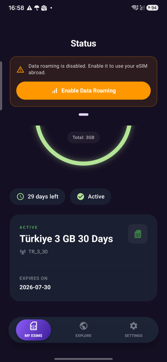 Zepliner-Warnung bei ausgeschaltetem Datenroaming