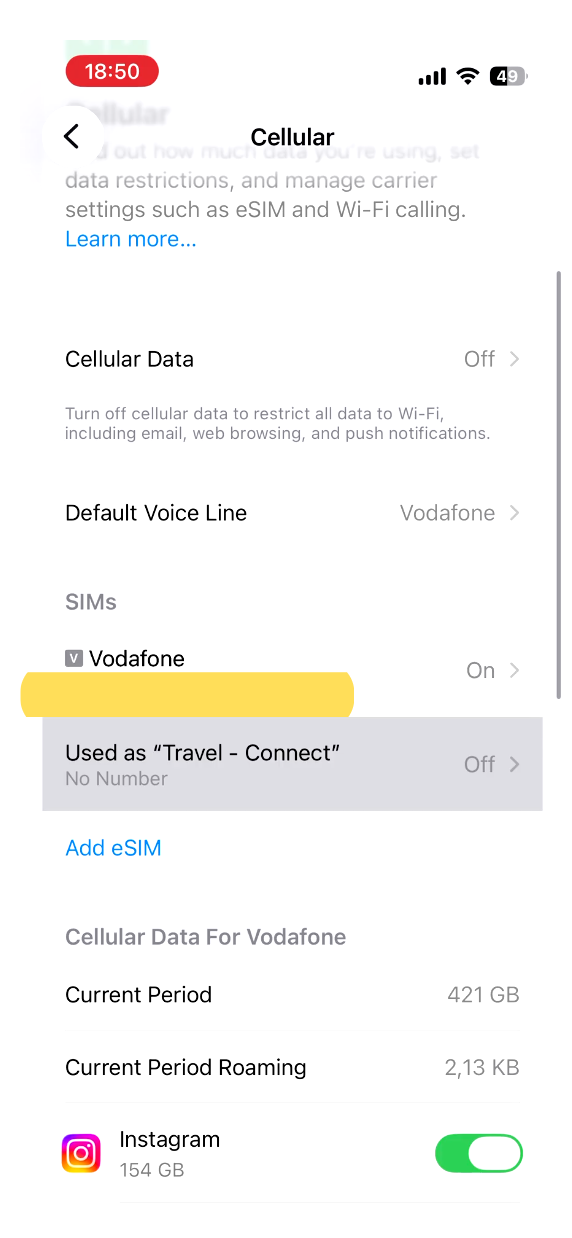 Réglages cellulaires affichant les deux SIM