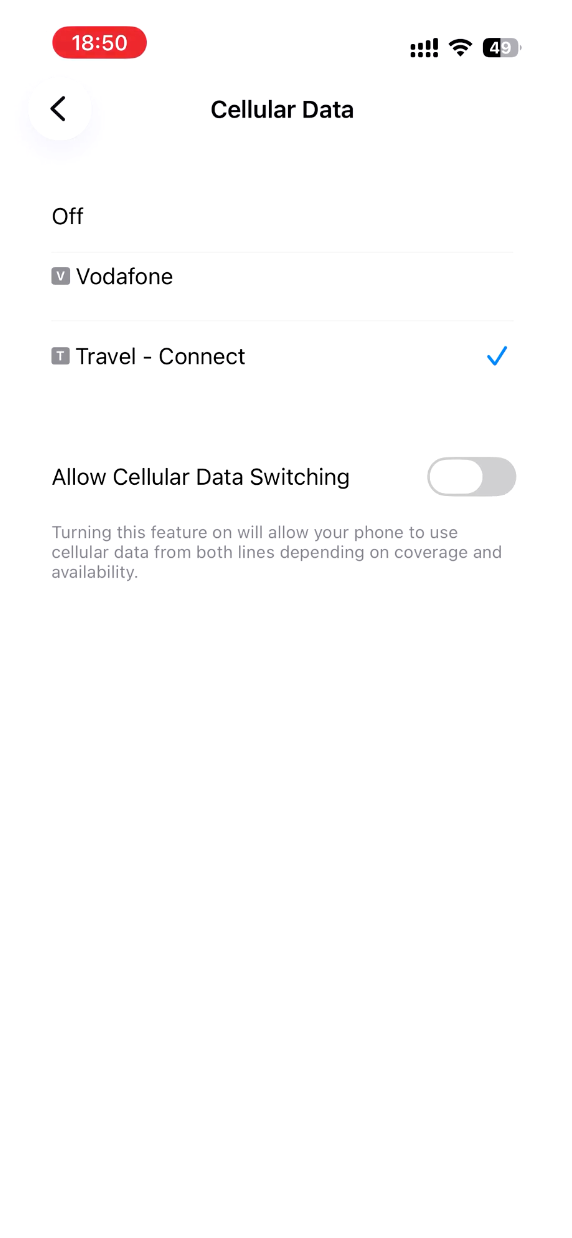 Sélectionner Travel - Connect pour les données cellulaires