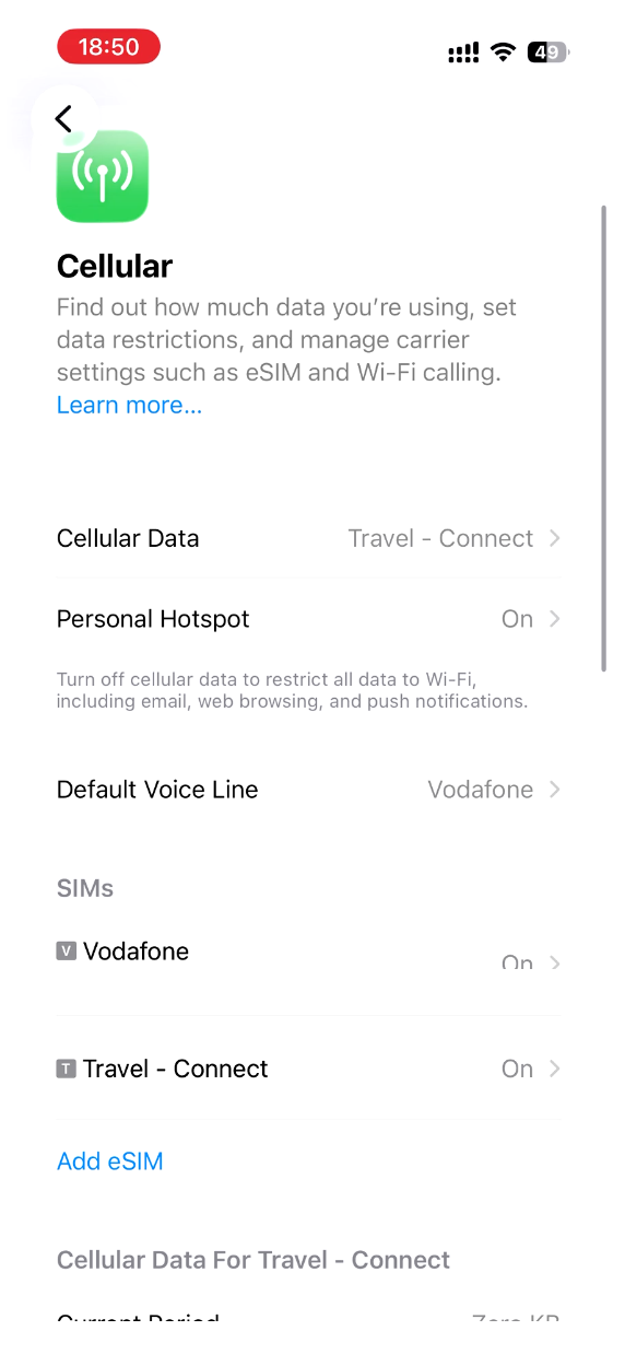 La ligne de données est active sur l'eSIM de voyage